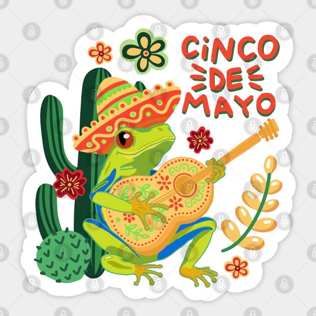 Cinco de mayo, frog playing on guitar between cactus Sticker by The Christmas Lady